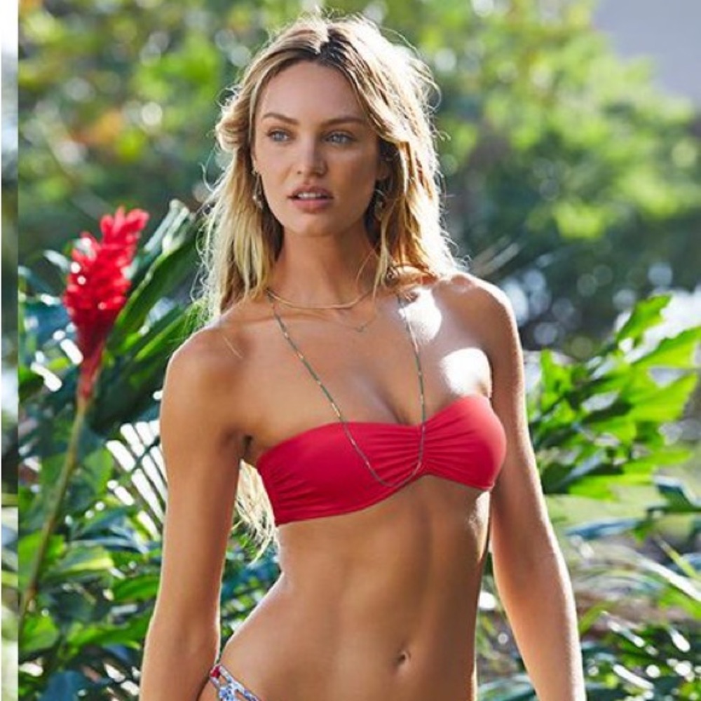 Candice Swanepoel reversible patriotic bandeau strapless swim bikini